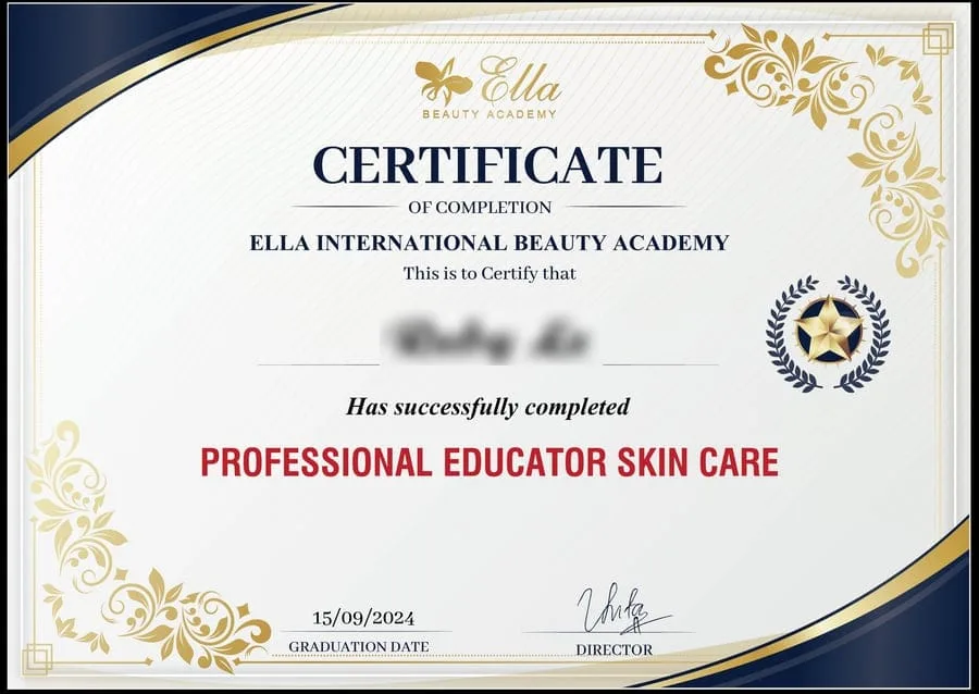 Chứng chỉ hoàn thành khóa học do Ella International Beauty Academy cấp