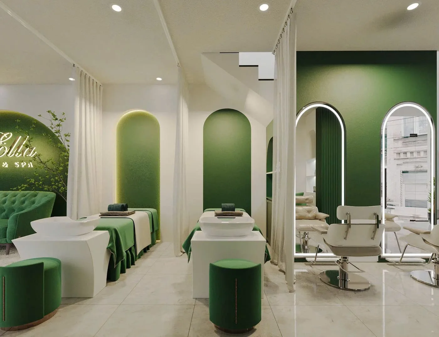 Khu gội dưỡng sinh và ghế salon tông xanh lá
