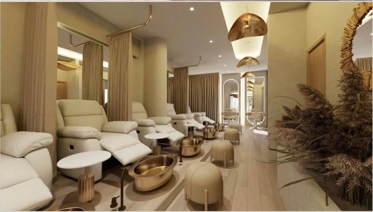 Khu pedicure ghế da kem với chậu đồng